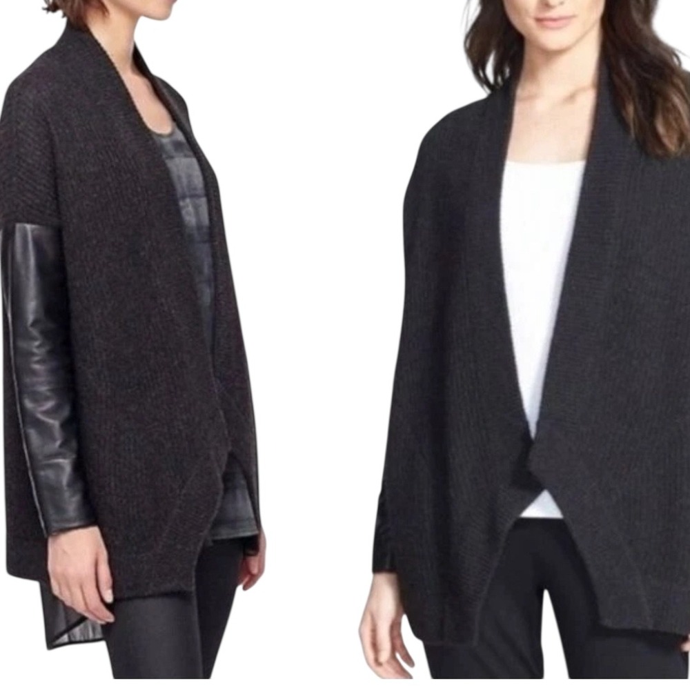 Eileen Fisher Yak Merino Wool
Blend Leather Sleeve Open Cardigan Black Sweater M